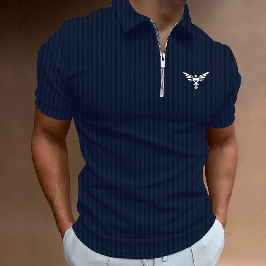 Men's Summer Zipper Striped Polo Shirt Fashionable Loose Casual Versatile Short Sleeved 100% Polyester Fiber