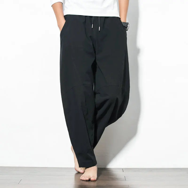 Hot Sale Men Imitation Linen Harem Pants Mens HipHop Loose Trousers Male Wide Legs Cross-pants Male Joggers Black Pants 5XL