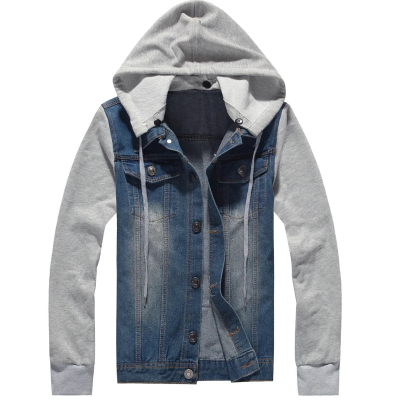 Denim Jacket Men Hooded Jeans Jackets Mens Fashion Patchwork Hoodies Casual Cowboy Mens Jacket Streetwear Mens Jackets and Coats