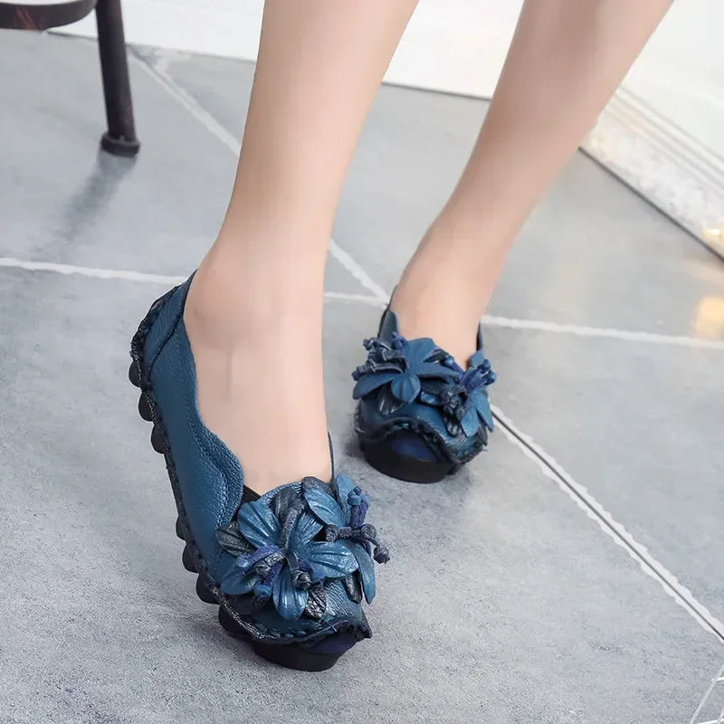 Genuine Leather Summer Flats Women Soft Slip-On Flat Shoes Black Red Floral Mom Loafers Moccasin Lady Designer Shoes 2024