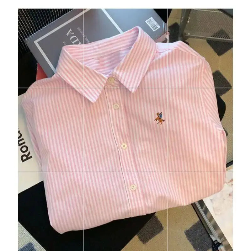 Striped Polo Neck Button Shirt Tops Long Sleeve Loose All-match High Street Blouse Fashion Casual Spring New Women Clothing