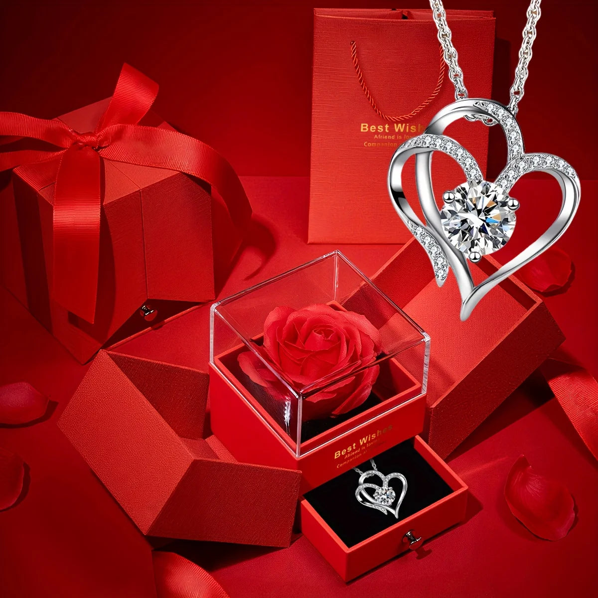 Elegant Red Heart Pendant Necklace with Rose Gift Box - Romantic Valentine’s Day, Birthday, or Mother’s Day Gift for Wife, Mom