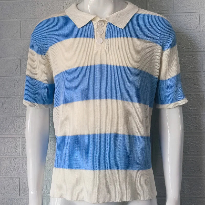 Men's White & Gray Striped Knit Polo Shirt Short Sleeve Casual Breathable Daily Summer Top