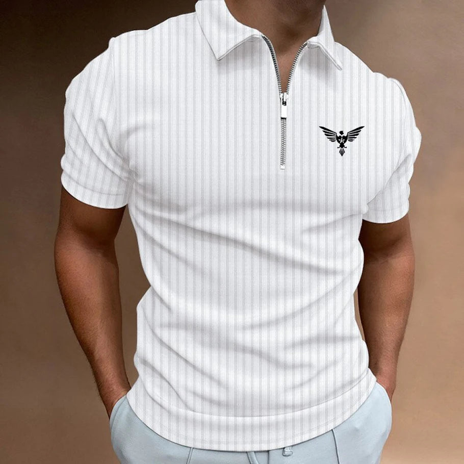Men's Summer Zipper Striped Polo Shirt  Fashionable  Loose  Casual  Versatile Short Sleeved  100% Polyester Fiber