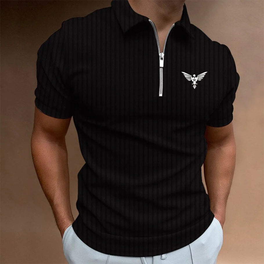 Men's Summer Zipper Striped Polo Shirt  Fashionable  Loose  Casual  Versatile Short Sleeved  100% Polyester Fiber