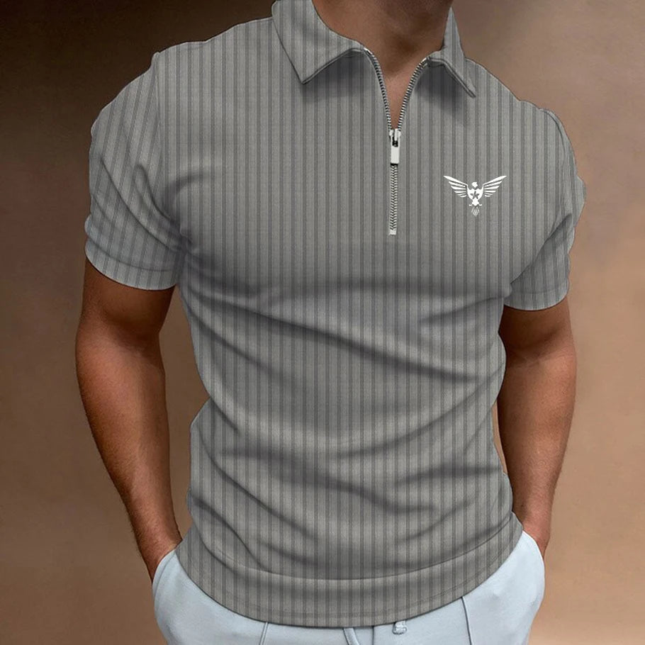 Men's Summer Zipper Striped Polo Shirt  Fashionable  Loose  Casual  Versatile Short Sleeved  100% Polyester Fiber
