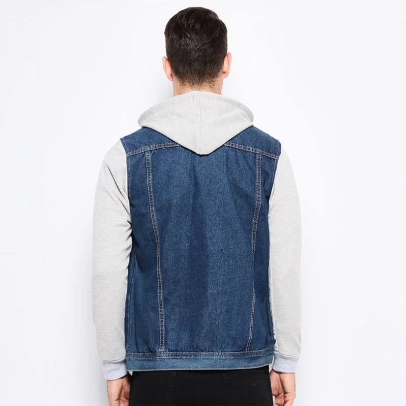 Denim Jacket Men Hooded Jeans Jackets Mens Fashion Patchwork Hoodies Casual Cowboy Mens Jacket Streetwear Mens Jackets and Coats