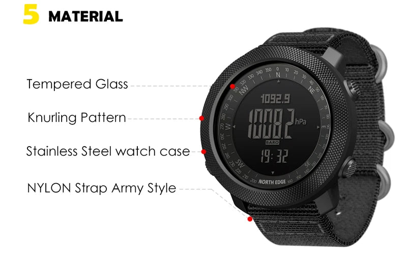 NORTH EDGE Men's Sport Digital Watch – Altimeter, Compass & 50M Waterproof