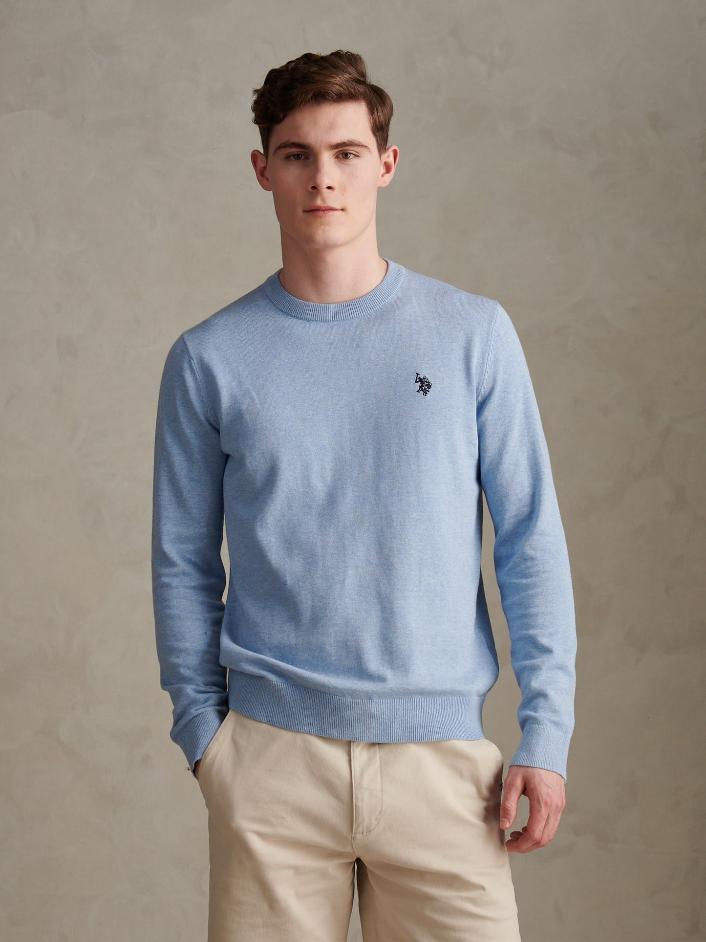 Mens Double Horsemen Cotton Knit Crew Jumper Parisian Blue Marl
