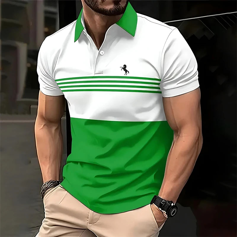 Simple Striped Horse Pattern Polo Shirts For Men Fashion Summer Short Sleeve 3D Printed Polo Shirt Casual Oversized Lapel Tees