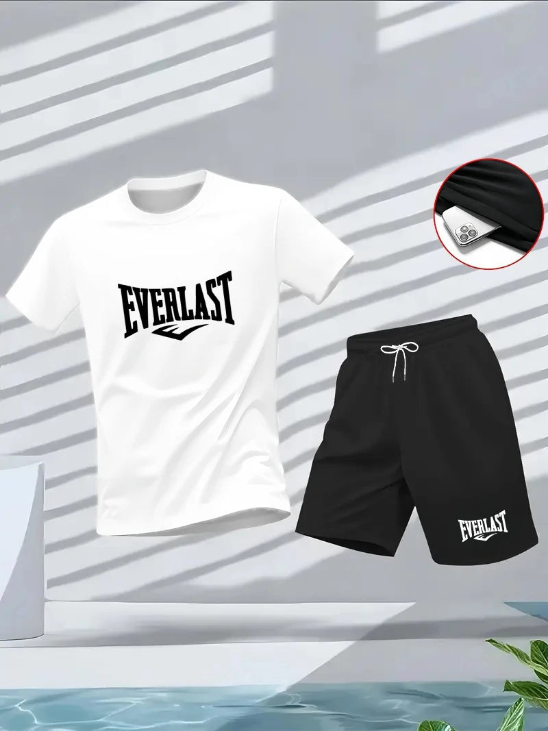 Summer men's set: Round-neck short-sleeved T-shirt, five-inch shorts, fashionable, casual, fitness, and slimming two-piece outdo