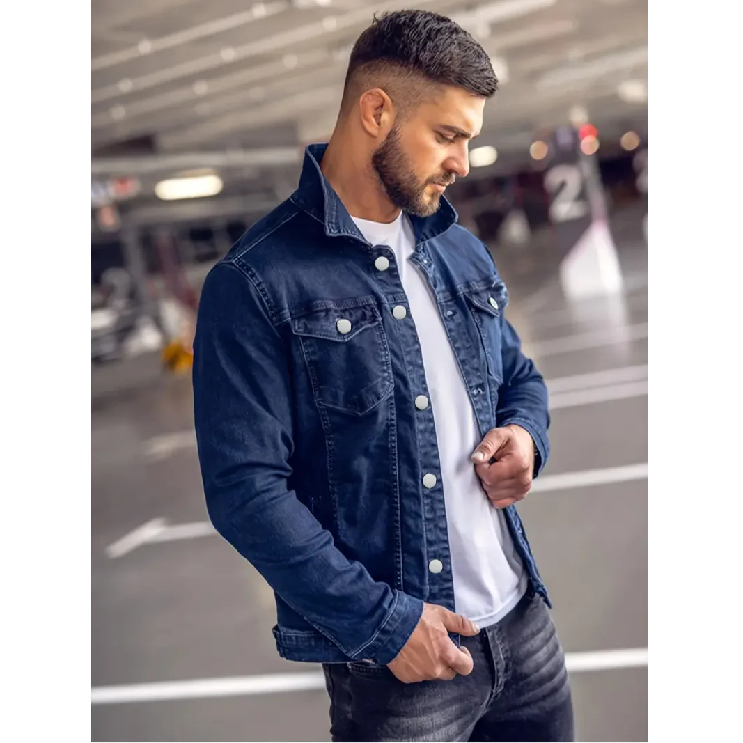Mens Jackets Coat Classic Blue Denim Design With Multiple Pockets Long Sleeve Casual Style For Daily Use