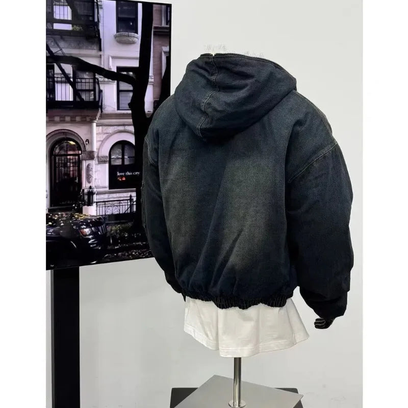 Mens Jacket Harajuku Hooded Denim Cotton Coat Washed Heavy Fleece Thick Fur Collar Vintage Warm Autumn Winter Streetwear Fashion