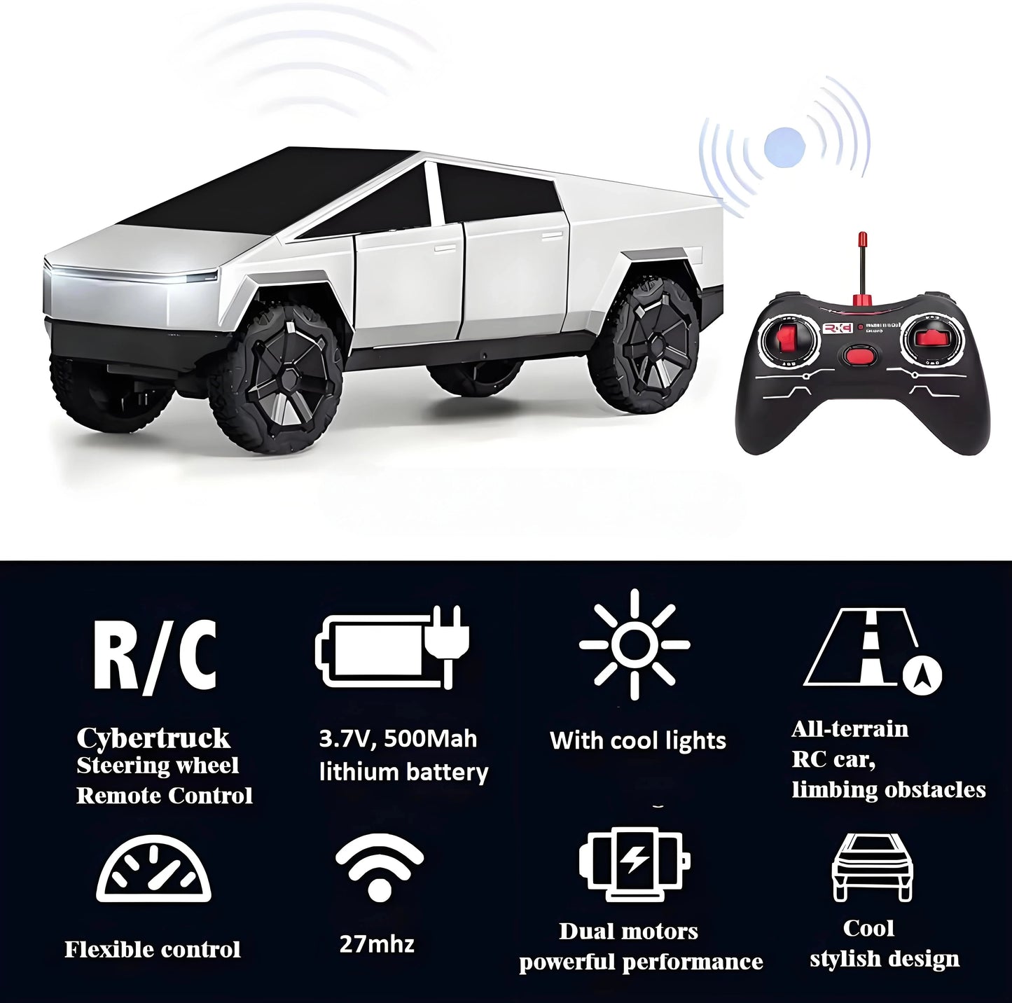 1:24 RC Cybertruck Pickup 4WD Off-Road Remote Control Car, 27Mhz High-Speed Dual Motor Truck with LED Lights,Gift for Boys Kids