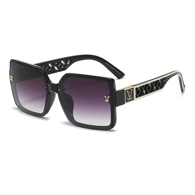 1PCS Square Large Frame Sunglasses with Hollow Letter Decoration Arm Patterns Unisex Fashionable Sunscreen Glasses