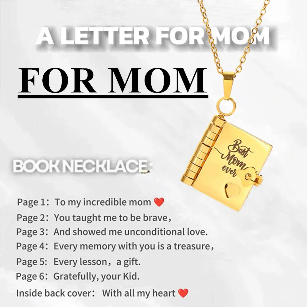 Mother’s Day Gift Best Mom Ever Book Necklace Stainless Steel Engraved Book Locket Necklaces Women Daughter Present for Mom