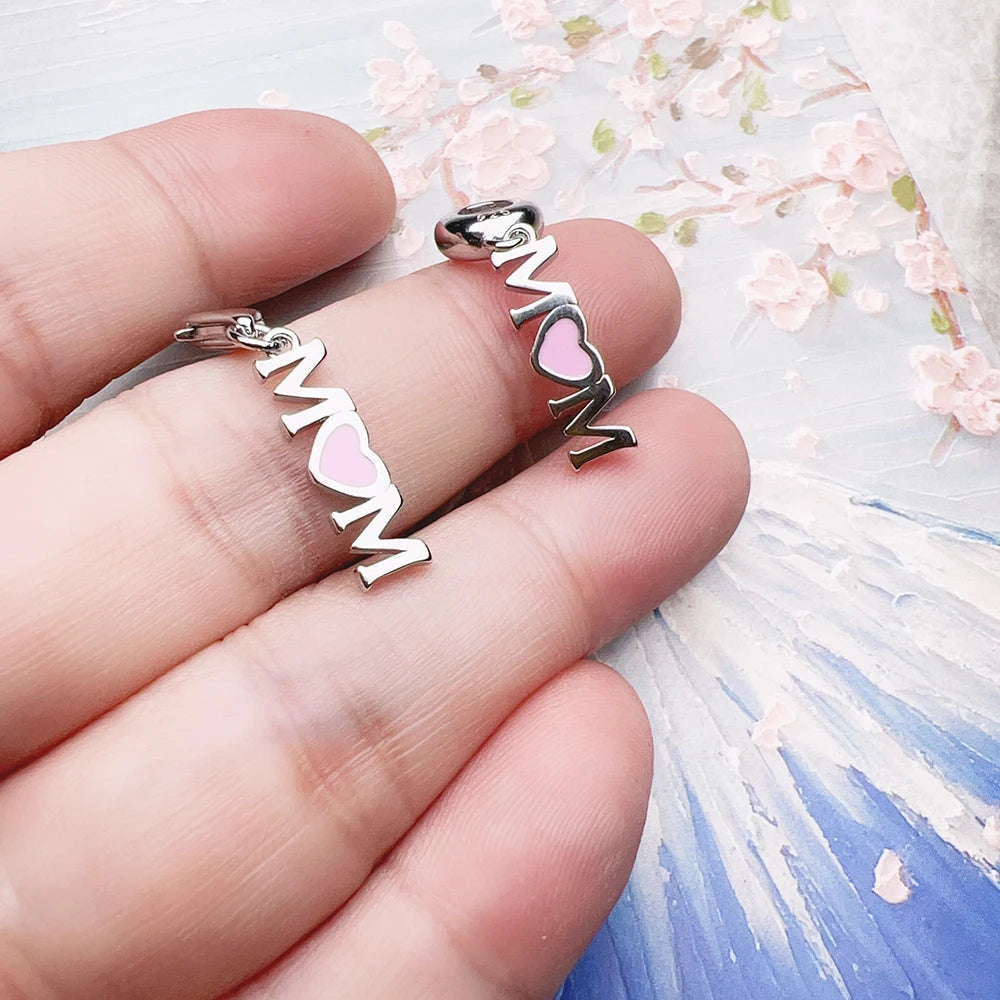 Mom with Pink Heart Charm Pendant Women Winter Pure 925 Sterling Silver Fashion Jewelry Accessories Mother’s Day Gift