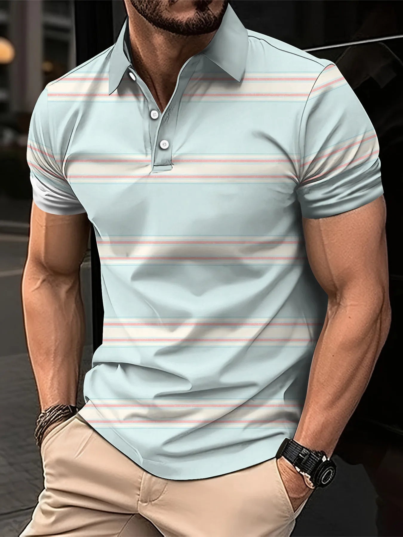 Men's Short Clothes Sleeved Lapel 3D Digital Printed Striped Polo Shirt Summer  Man's Business Casual Top Clothes Oversized
