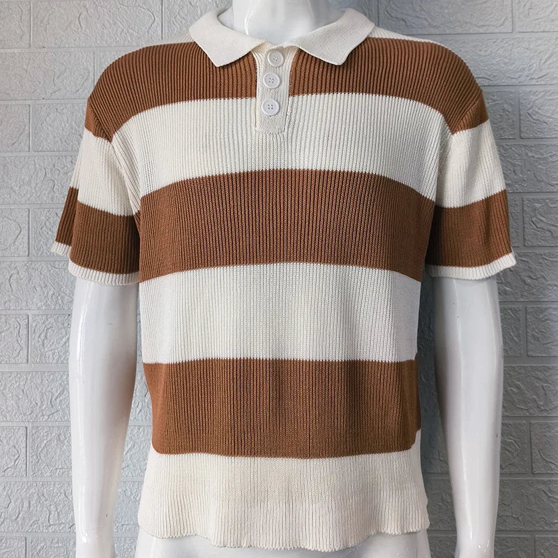 Men's White & Gray Striped Knit Polo Shirt Short Sleeve Casual Breathable Daily Summer Top