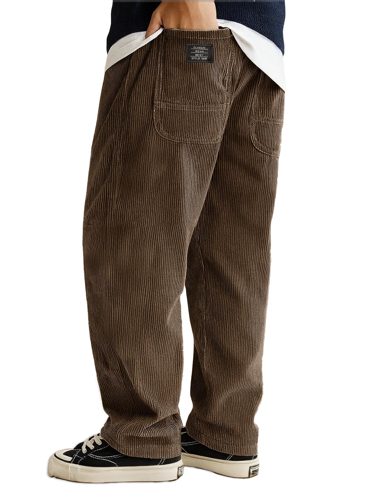 Loose Fit Corduroy Pants for Men Elastic Waist Jogger Sweatpants with Pockets Autumn Winter Casual Thick Trousers