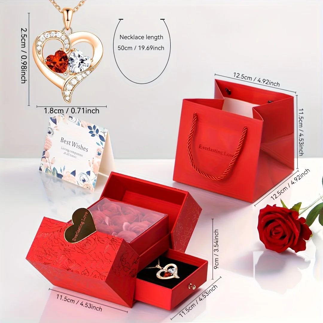 Elegant Red Heart Pendant Necklace with Rose Gift Box - Romantic Valentine’s Day, Birthday, or Mother’s Day Gift for Wife, Mom