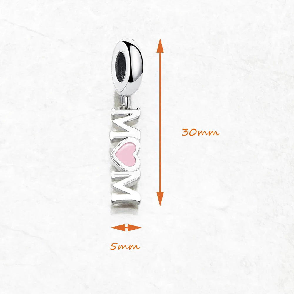 Mom with Pink Heart Charm Pendant Women Winter Pure 925 Sterling Silver Fashion Jewelry Accessories Mother’s Day Gift