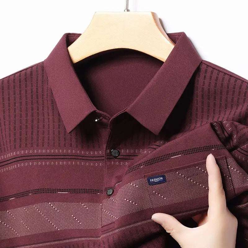 Spring Autumn Seasonal Tops Striped Polo Shirt Long Sleeve Loose Middle Aged and Elderly Men's Clothing