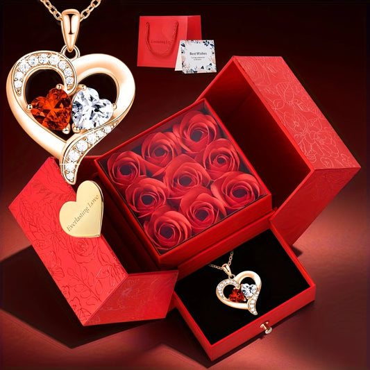Elegant Red Heart Pendant Necklace with Rose Gift Box - Romantic Valentine’s Day, Birthday, or Mother’s Day Gift for Wife, Mom