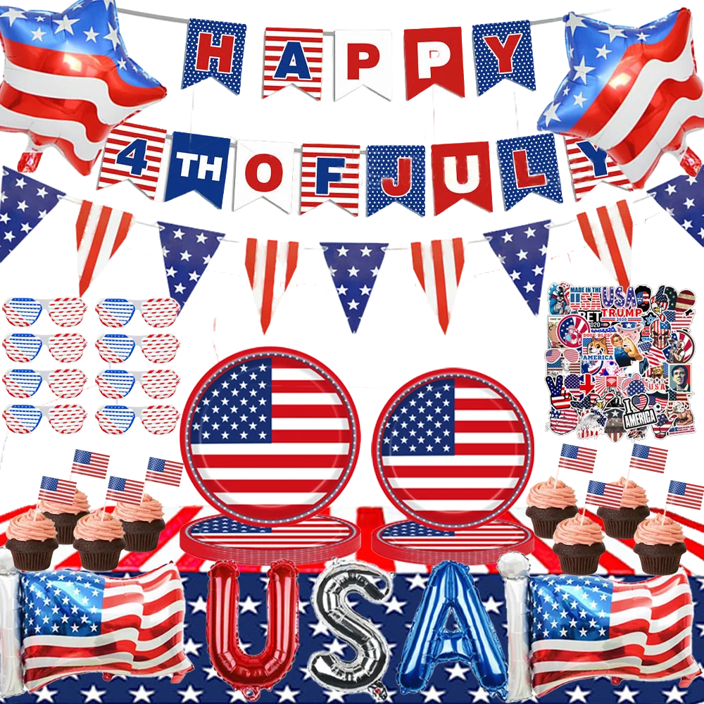 American Party Decorations Independence Day Supplies Banner Balloons Plates For USA 4th Of July Patriotic Theme Party Supplies