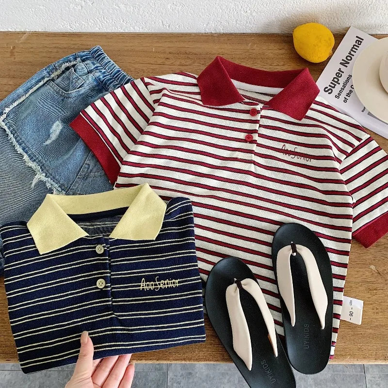 Kids Striped Polo Shirt 2026 Summer Casual Short Sleeve Polo Tee for Boys Letter Embroidery Tops for Girls Children Outfits
