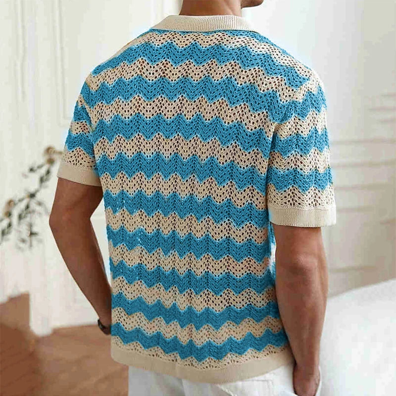 Mens Beach Vintage Striped Crochet Knit Cardigans Men Summer Trendy Lapel Button-up Shirt New Casual Hollow Out Knitted Shirts