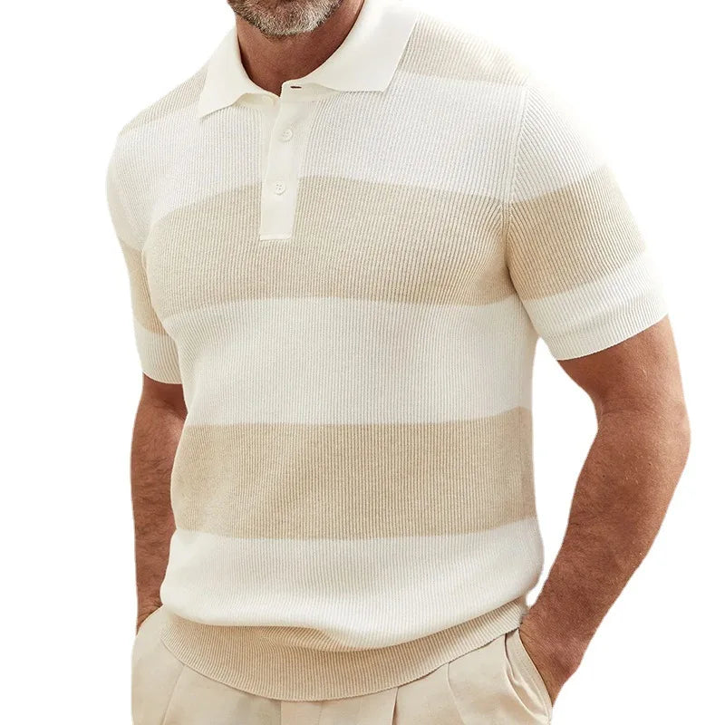 Men's White & Gray Striped Knit Polo Shirt Short Sleeve Casual Breathable Daily Summer Top