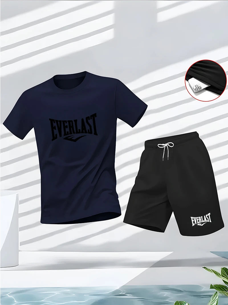 Summer men's set: Round-neck short-sleeved T-shirt, five-inch shorts, fashionable, casual, fitness, and slimming two-piece outdo