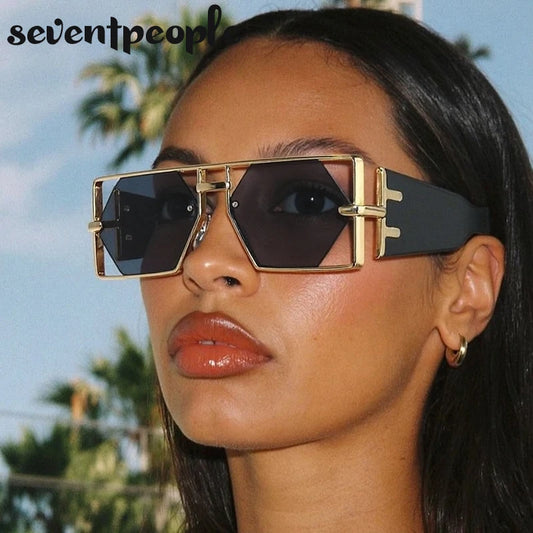 Vintage Punk Rectangle Sunglasses Women New 2026 Luxury Brand Trendy Hollow Hexagon Lenses Double Beam Shades For Ladies UV400