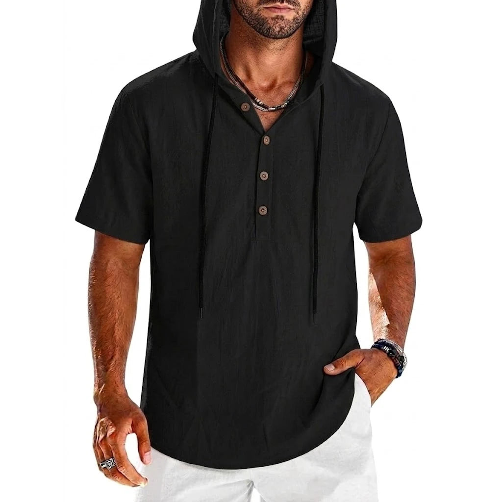 Summer Cotton Linen Shirts for Men Casual Shirts Lightweight Short Sleeve Button Beach Hooded Shirts Hawaiian T Shirts for Men