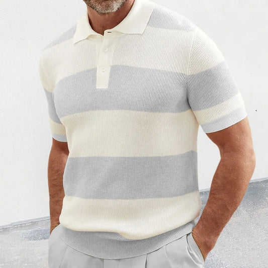 Men's White & Gray Striped Knit Polo Shirt Short Sleeve Casual Breathable Daily Summer Top