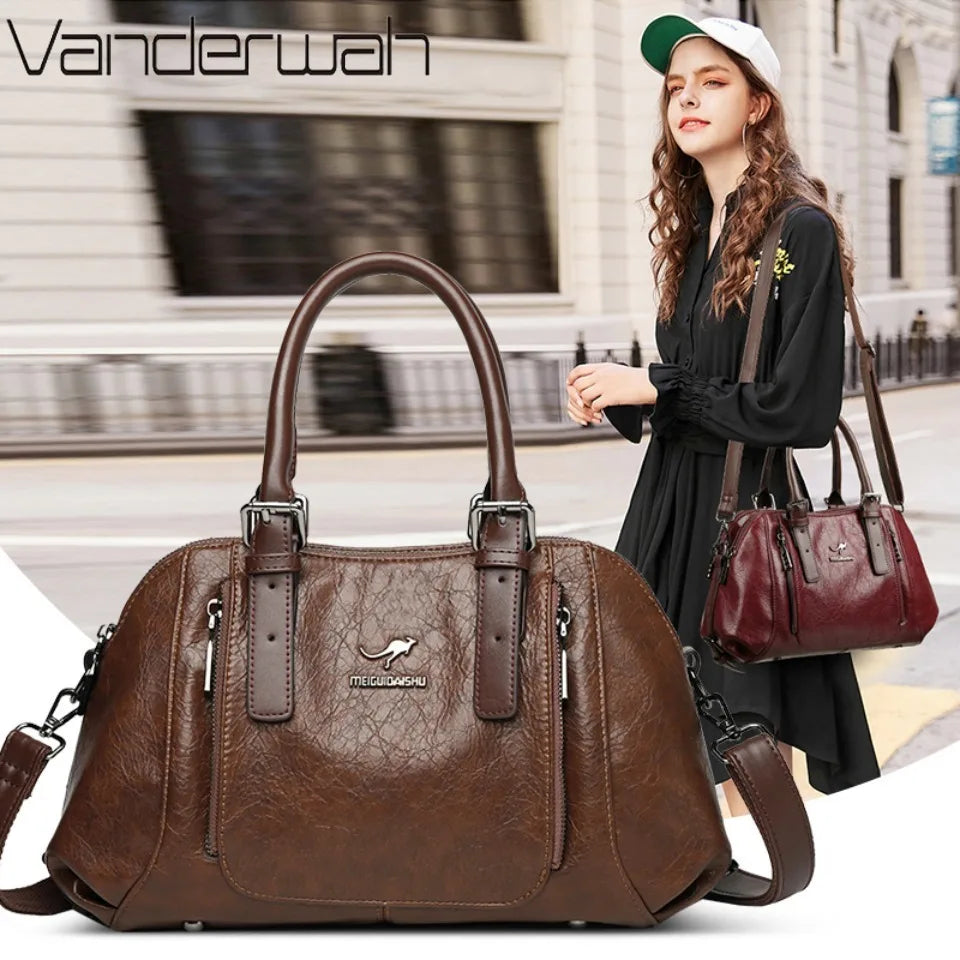 Daily Commuting Two Layers Casual Tote Hand Bags Top Quality Oil Leather Shoulder Crossbody Bags for Women Mother's Handbags