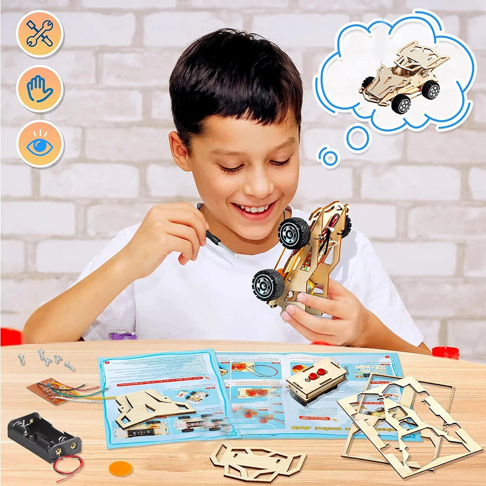 Wooden Remote Control Car DIY Assembling Racing Car STEM Educational Toys School Science Experiment Kits for Kids Teens Gifts