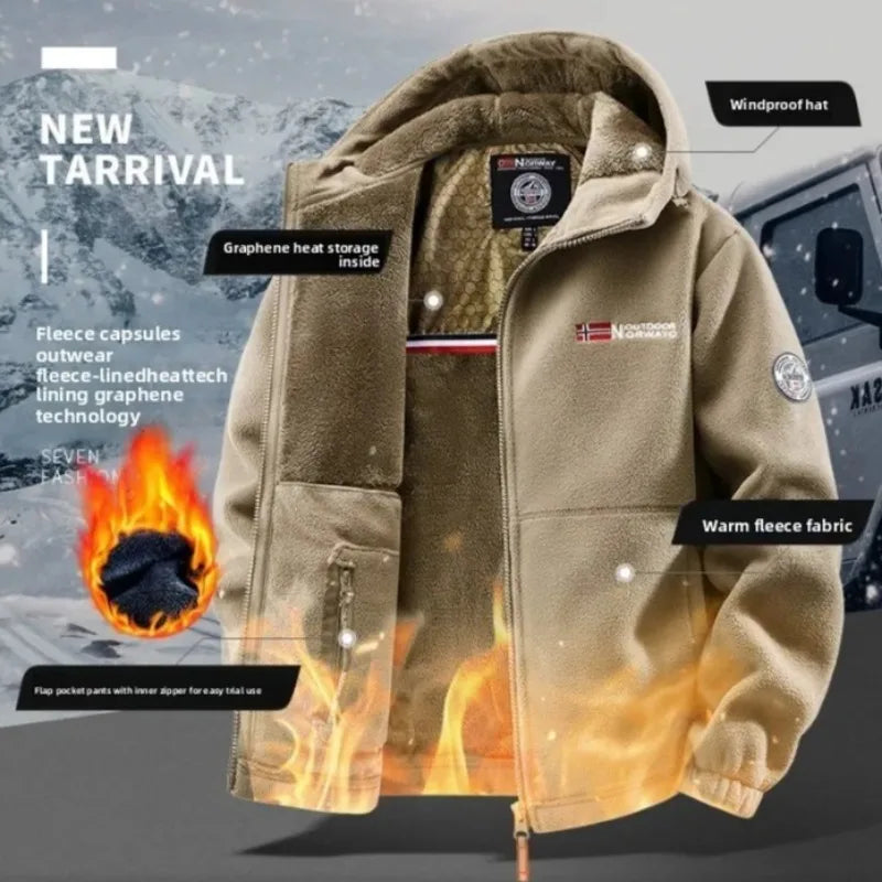 Autunm Winter Fleece Graphene Self-heating Jackets Men Thicken Warm Hooded Windproof Outdoor Hiking Thermal Cardigan Jacket Man