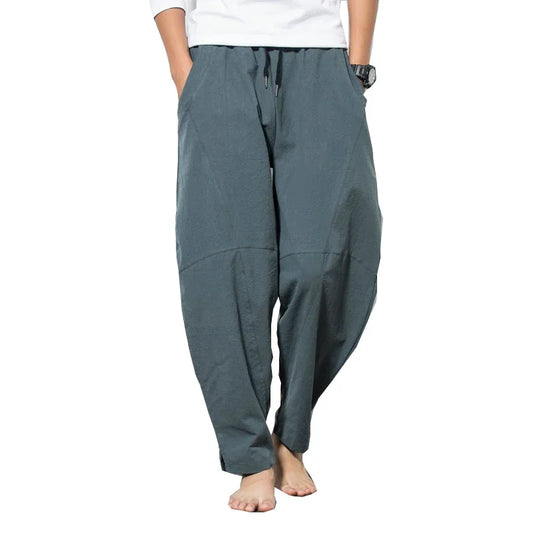Hot Sale  Men Imitation Linen Harem Pants Mens HipHop Loose Trousers Male Wide Legs Cross-pants Male Joggers Black Pants 5XL