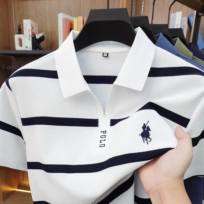 2026 New Summer Men's Striped Polo Shirt with Collar and Short Sleeve Casual T-shirt for Men