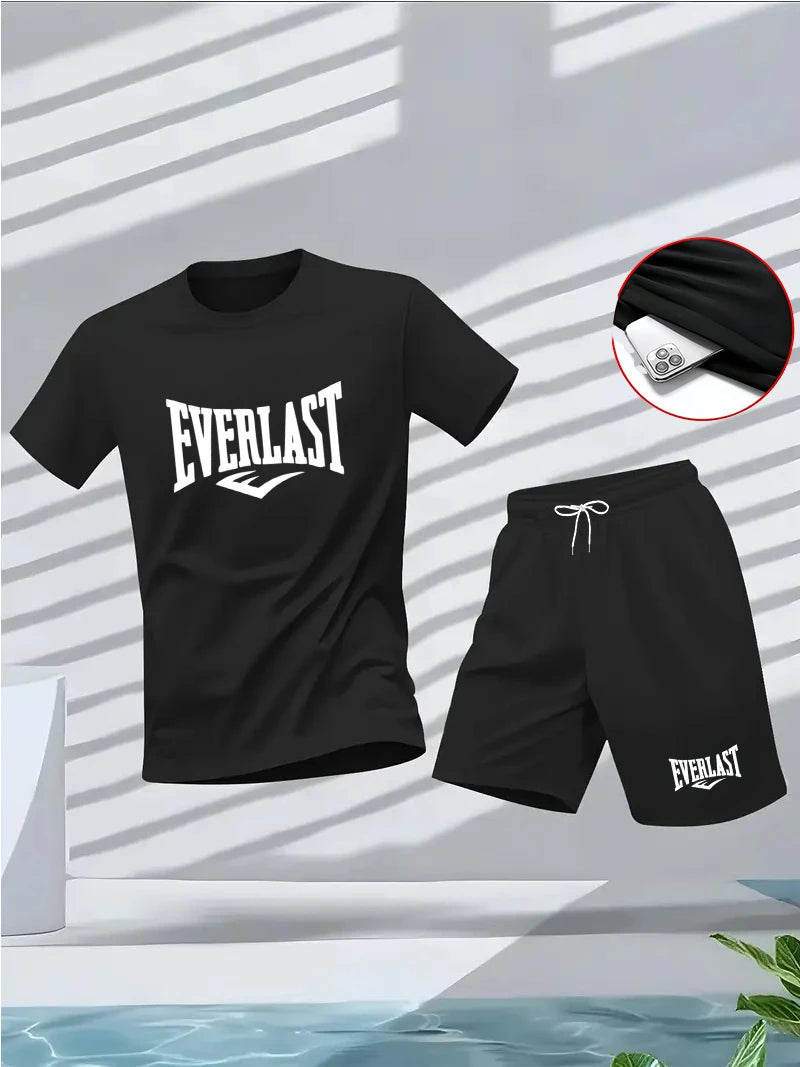 Summer men's set: Round-neck short-sleeved T-shirt, five-inch shorts, fashionable, casual, fitness, and slimming two-piece outdo