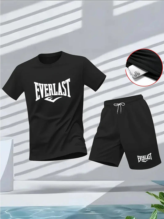 Summer men's set: Round-neck short-sleeved T-shirt, five-inch shorts, fashionable, casual, fitness, and slimming two-piece outdo