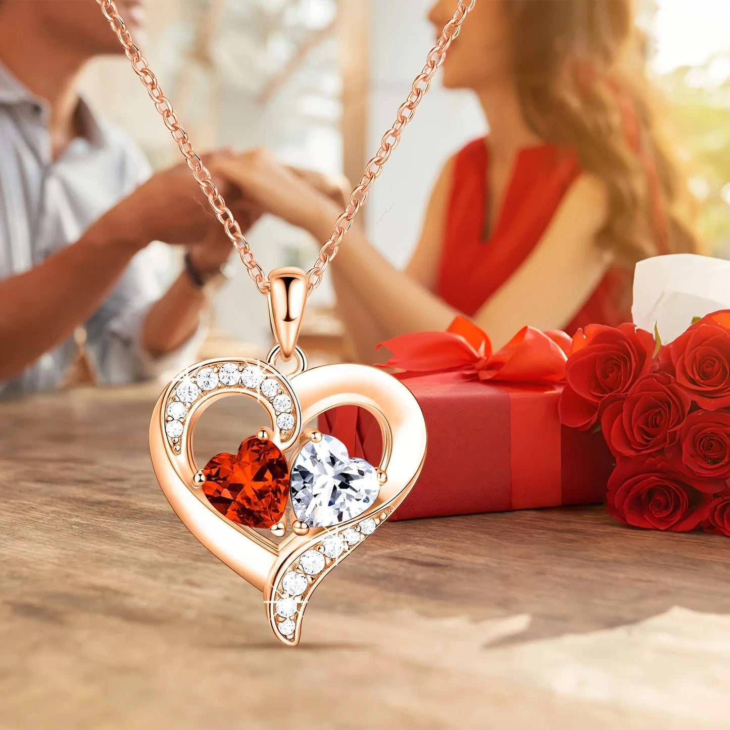 Elegant Red Heart Pendant Necklace with Rose Gift Box - Romantic Valentine’s Day, Birthday, or Mother’s Day Gift for Wife, Mom
