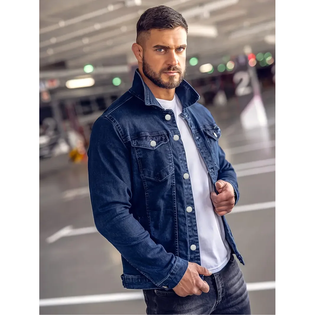 Mens Jackets Coat Classic Blue Denim Design With Multiple Pockets Long Sleeve Casual Style For Daily Use