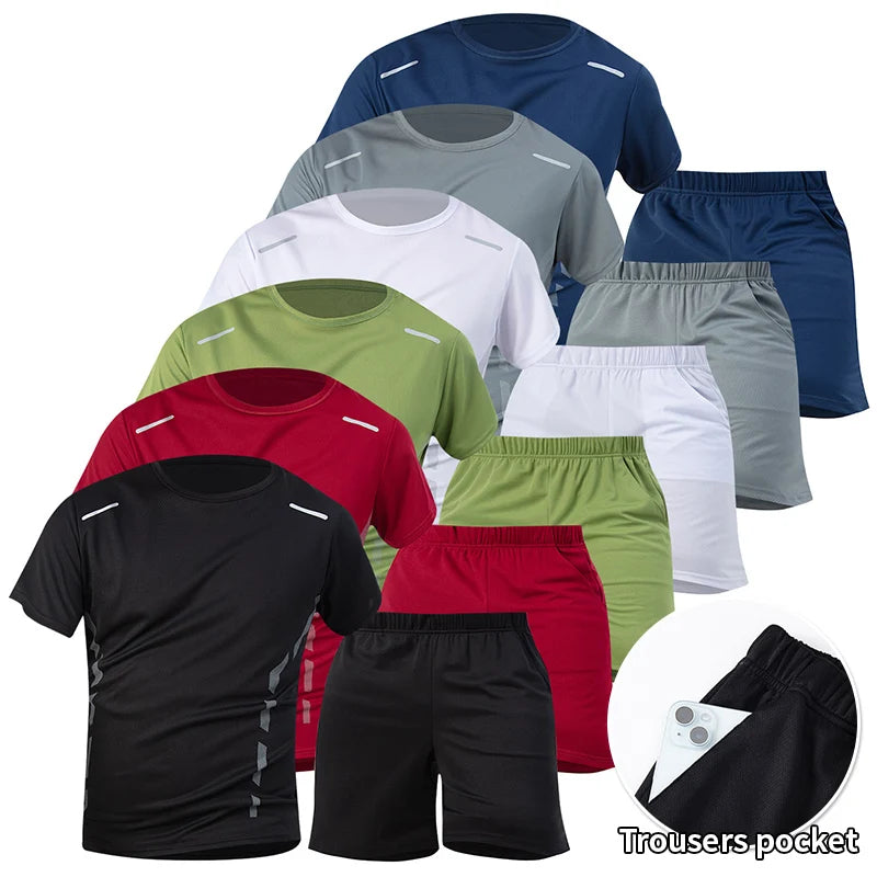 2/6pcs Men's Summer 7-color Quick Drying Casual Fashion Set Youth Loose Short sleeved T-shirt Black Sports Shorts Brother'Outfit