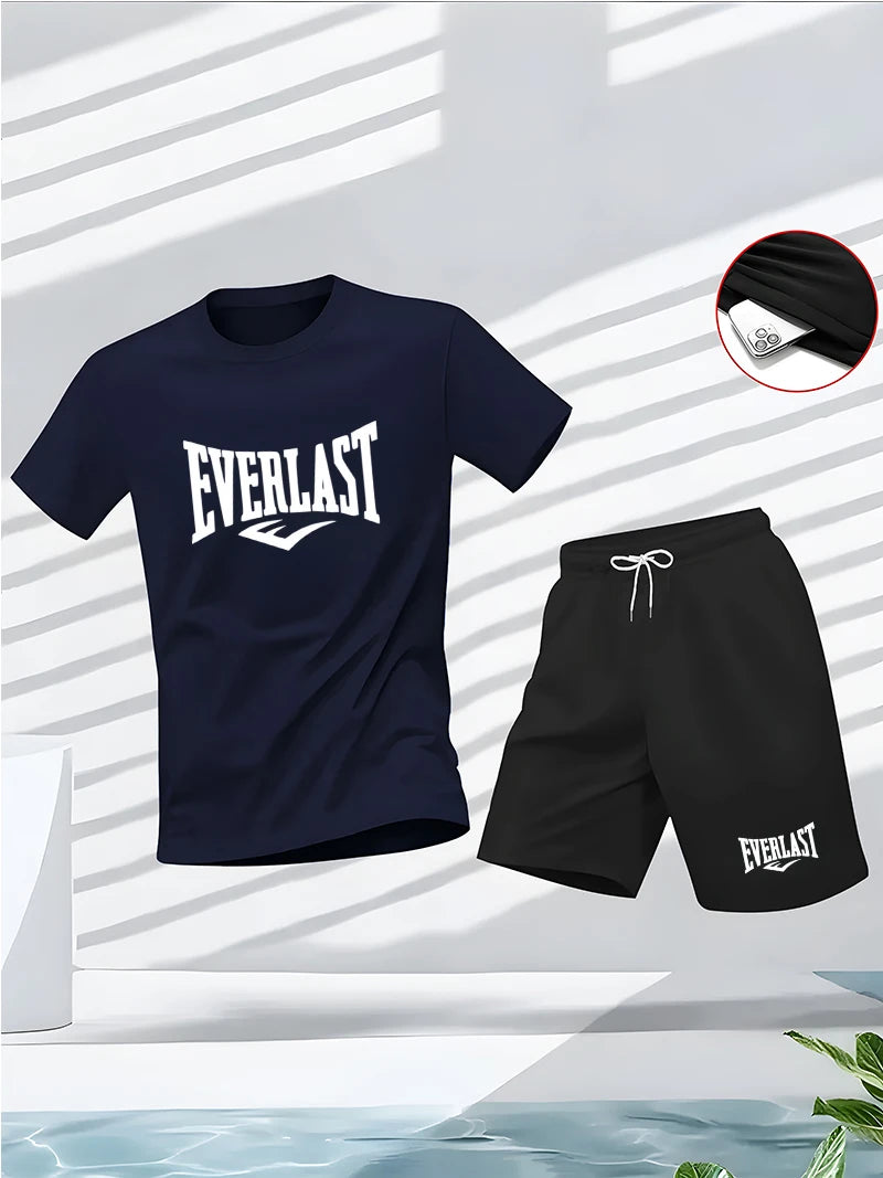 Summer men's set: Round-neck short-sleeved T-shirt, five-inch shorts, fashionable, casual, fitness, and slimming two-piece outdo