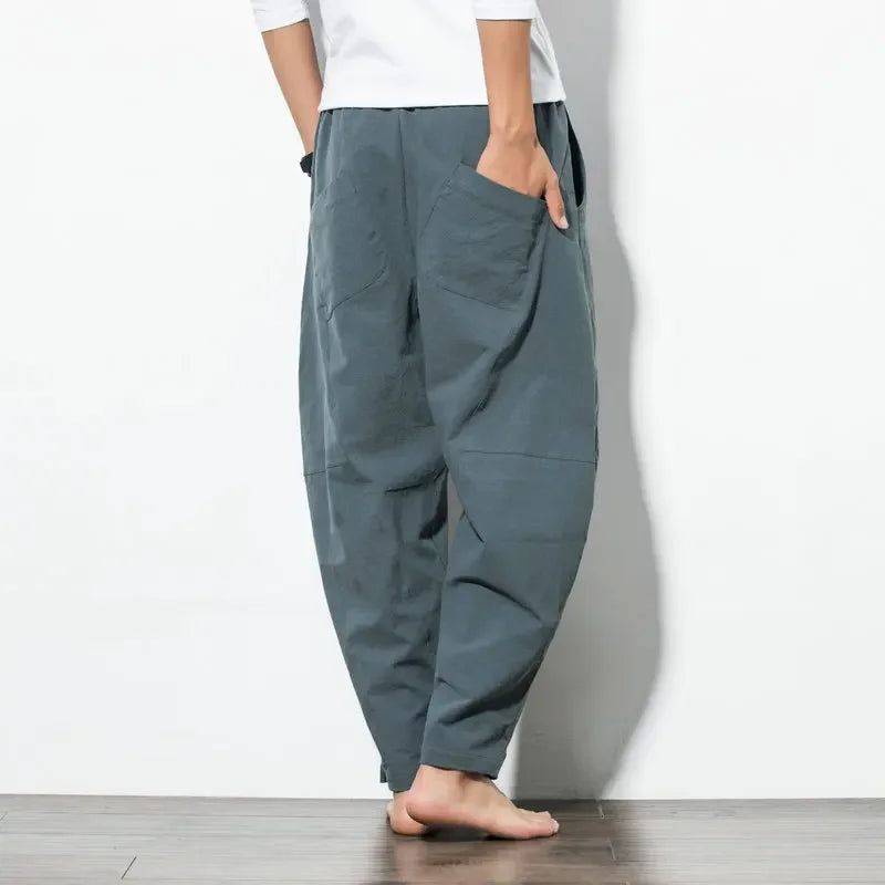 Hot Sale  Men Imitation Linen Harem Pants Mens HipHop Loose Trousers Male Wide Legs Cross-pants Male Joggers Black Pants 5XL