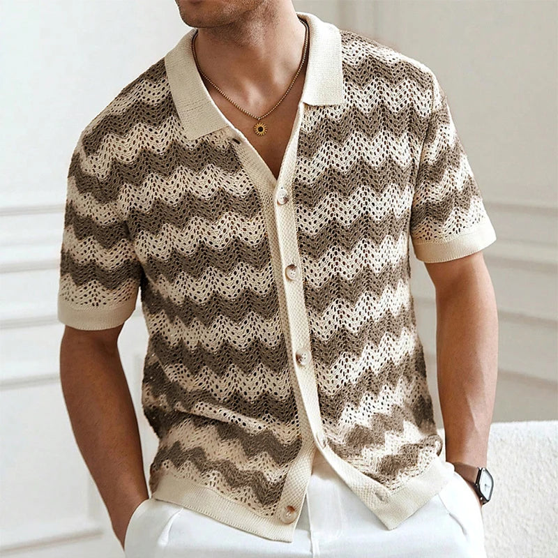 Mens Beach Vintage Striped Crochet Knit Cardigans Men Summer Trendy Lapel Button-up Shirt New Casual Hollow Out Knitted Shirts