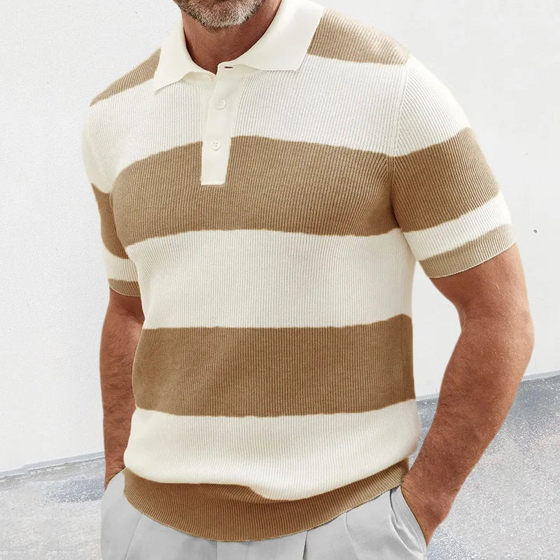 Men's White & Gray Striped Knit Polo Shirt Short Sleeve Casual Breathable Daily Summer Top